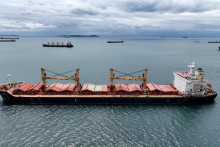 Amfitriti, nákladná loď, ktorá je súčasťou čiernomorskej dohody o obilí, a ďalšie komerčné plavidlá čakajú, kým preplávajú Bosporský prieliv pri brehoch Yenikapi v Istanbule. FOTO: Reuters