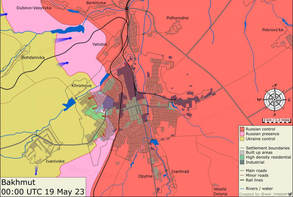 Približn&aacute; bojov&aacute; situ&aacute;cia okolo ukrajinsk&eacute;ho mesta Bachmut 19. m&aacute;ja 2023. MAPA: Twitter/War Mapper