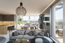 Obývačka prepojená s kuchyňou a priľahlou terasou v projekte Nesto