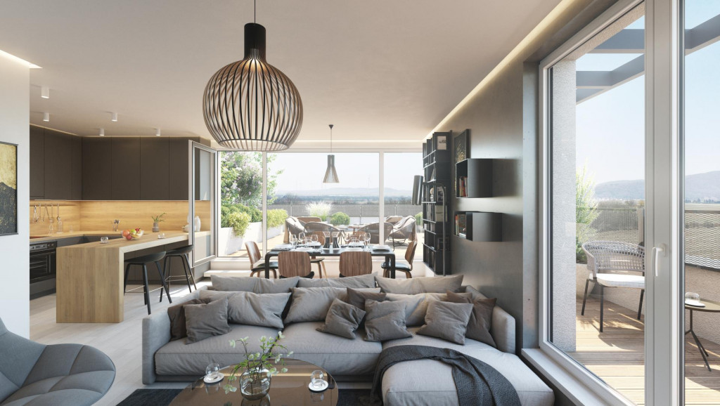 Obývačka prepojená s kuchyňou a priľahlou terasou v projekte Nesto