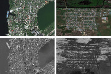 Hore snímky pred zničením Kachovskej priehrady, dole zábery ukazujúce čo spôsobila povodeň po jej devastácii. SNÍMKA: Reuters/Maxar Technologies; Koláž: HN
