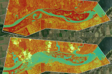 Porovnanie oblasti pod priehradou Kachovka 5. júna 2023 a 6. júna 2023 po zničení priehrady. Satelitné snímky ukazujú, ako veľkú oblasť zaplavila voda. FOTO: Spaceknow