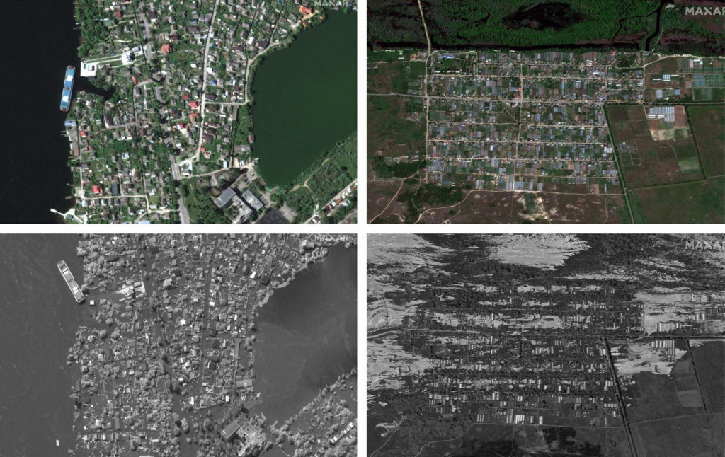 Hore sn&iacute;mky pred zničen&iacute;m Kachovskej priehrady, dole z&aacute;bery ukazuj&uacute;ce čo sp&ocirc;sobila povodeň po jej devast&aacute;cii. SN&Iacute;MKA: Reuters/Maxar Technologies; Kol&aacute;ž: HN