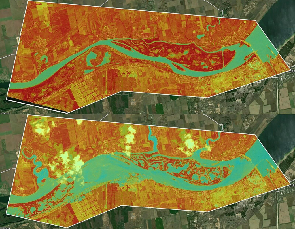 Porovnanie oblasti pod priehradou Kachovka 5. j&uacute;na 2023 a 6. j&uacute;na 2023 po zničen&iacute; priehrady. Satelitn&eacute; sn&iacute;mky ukazuj&uacute;, ako veľk&uacute; oblasť zaplavila voda. SN&Iacute;MKA: Spaceknow