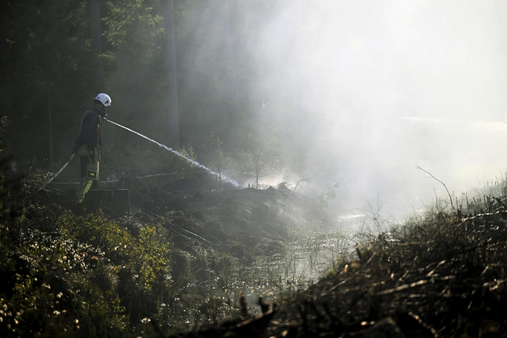 Hasič zasahuje počas lesného požiaru jzžne od švédskej Alvesty. FOTO: TASR/AP