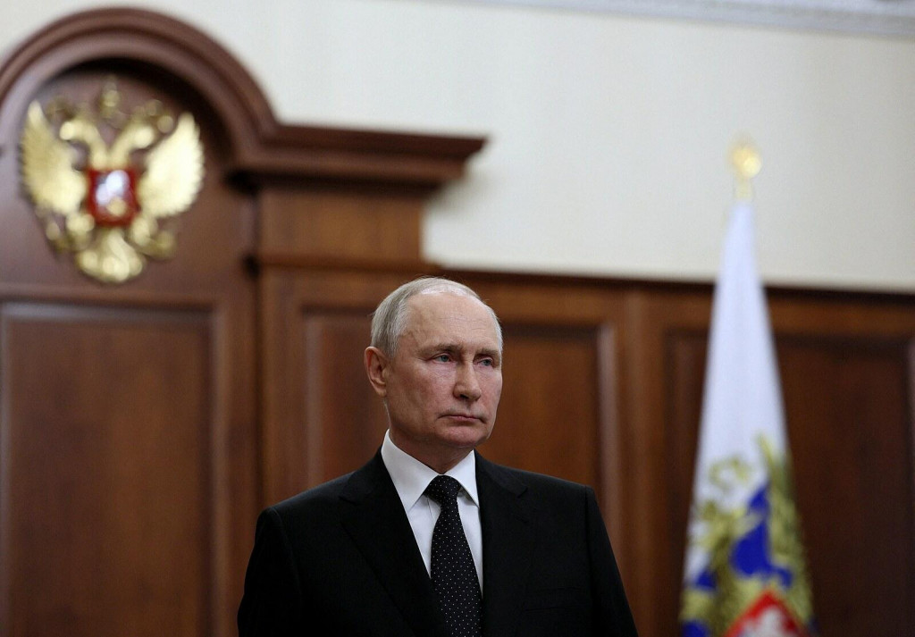 Vladimír Putin pri prejave k zrade Wagnerovej skupiny a Jevgenija Prigožina (24. júna 2023). FOTO: Reuters