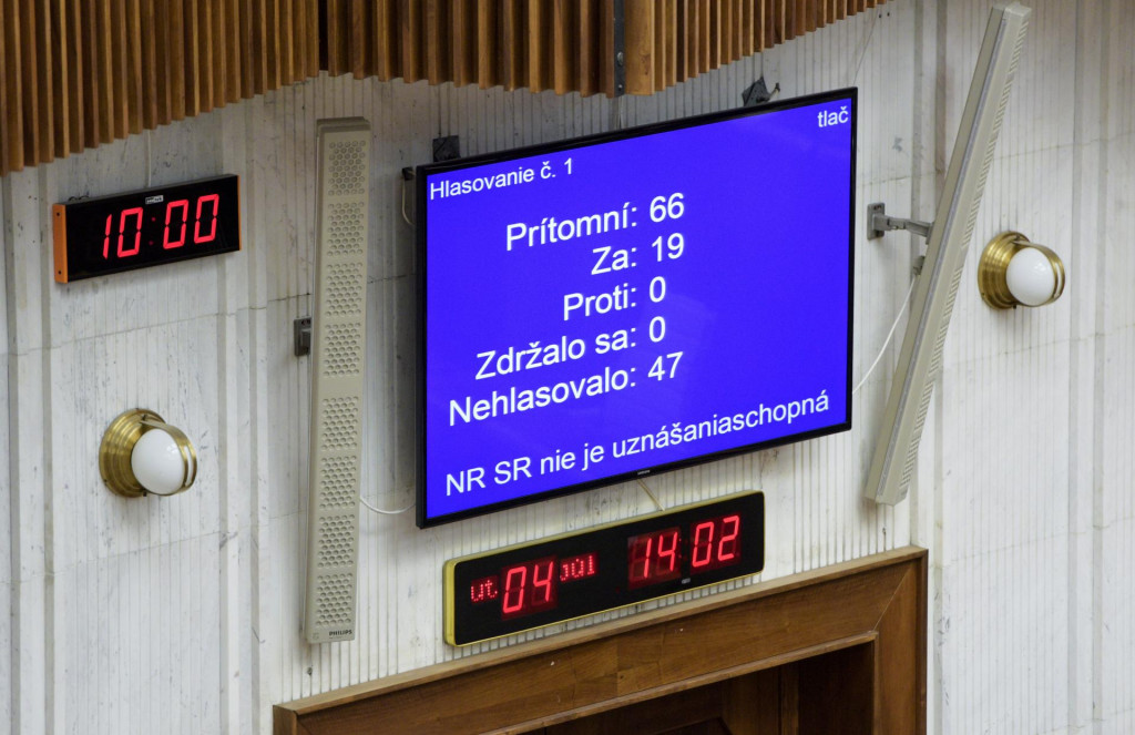 Priebeh hlasovania zobrazuj&uacute;ci, že N&aacute;rodn&aacute; rada nie je uzn&aacute;&scaron;aniaschopn&aacute; počas mimoriadnej 96. sch&ocirc;dze N&aacute;rodnej rady k odvol&aacute;vaniu predsedu Borisa Koll&aacute;ra. FOTO: TASR/Pavol Zachar