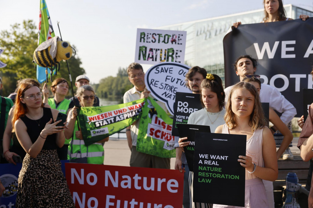 Švédska klimatická aktivistka Greta Thunbergová (vpravo) a ďalší klimatickí aktivisti počas demonštrácie pred Európskym parlamentom v Štrasburgu. FOTO: TASR/AP