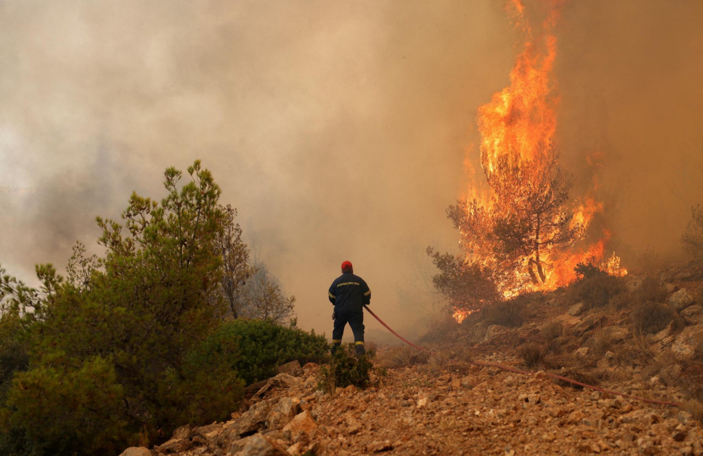 Lesný požiar pri dedine Kandyli, neďaleko Atén. FOTO: Reuters