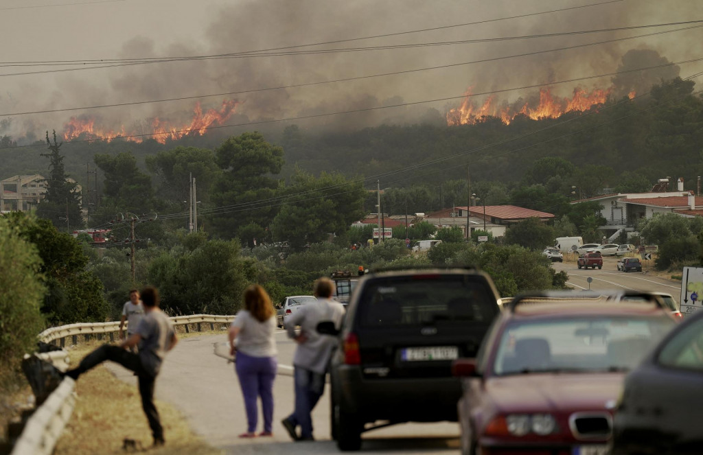 Lesný požiar horí neďaleko dediny Agios Sotira, západne od Atén, Grécko. FOTO: Reuters