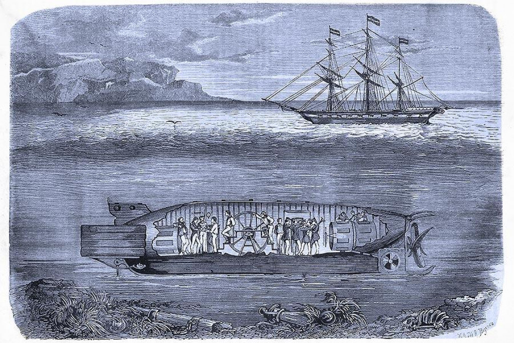 Dobová ilustrácia prvej nemeckej ponorky nazvanej Brandtaucher, ktorá bola poháňaná ľudskou silou. Postavil ju v roku 1850 vynálezca a príslušník bavorského delostreleckého pluku Wilhelm Bauer, absolvoval s ňou však iba jeden ponor, ktorý sa takmer skončil tragicky.