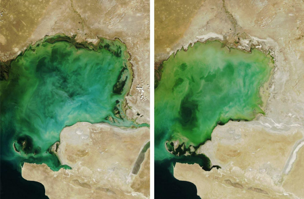 Vľavo sever Kaspického mora v roku 2006, vpravo v roku 2022. FOTO: NASA; Koláž: HN