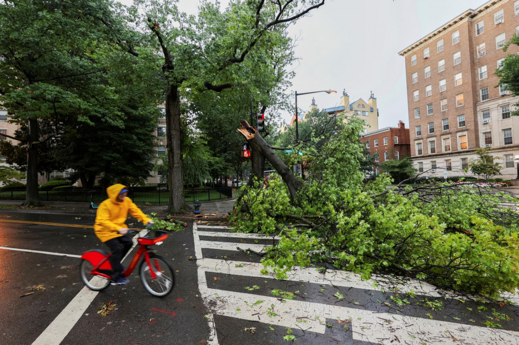 Cyklista prechádza okolo stromu, ktorý spadol vplyvom nepriaznivého počasia vo Washingtone, D.C. FOTO: Reuters