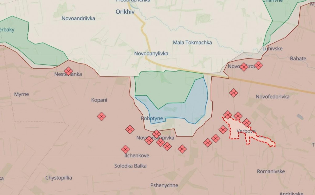 Ukrajinské sily hlásia postup v smere na obec Verbove. MAPA: DeepState