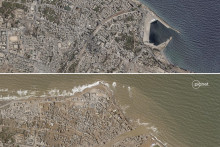 Na satelitnej snímke Planet Labs pohľad na líbyjské meste Darna 2. septembra 2023 pred záplavami (hore) a po záplavách 12. septembra 2023 (dole). FOTO: TASR/AP