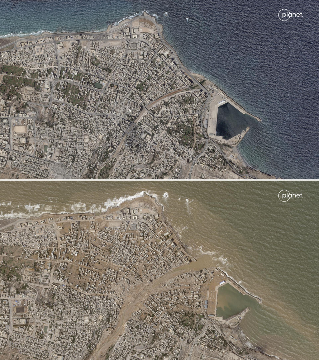 Na satelitnej snímke Planet Labs pohľad na líbyjské meste Darna 2. septembra 2023 pred záplavami (hore) a po záplavách 12. septembra 2023 (dole). FOTO: TASR/AP