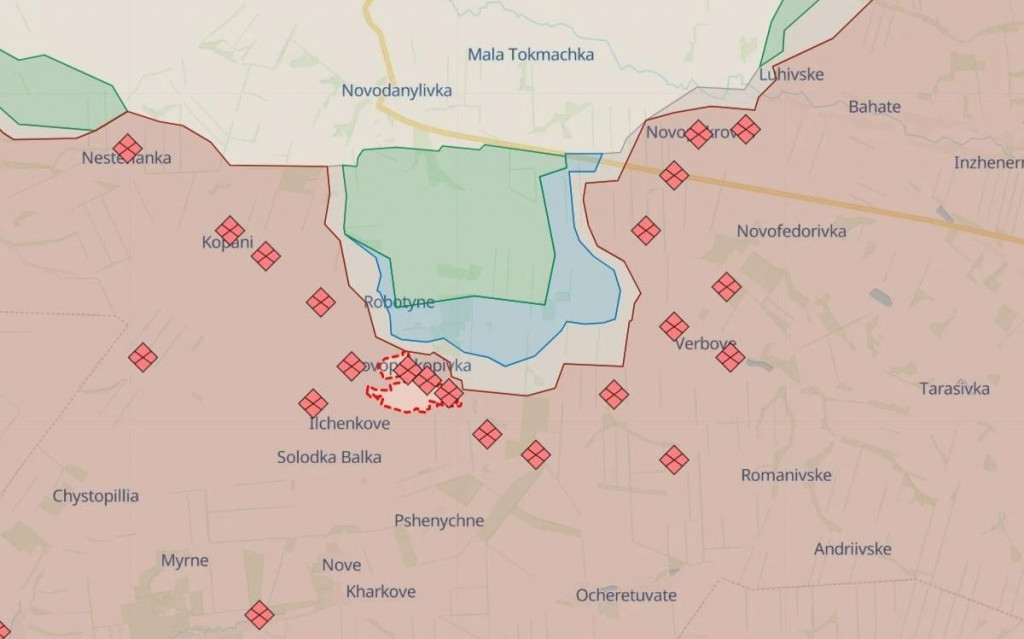 Aktuálna situácia okolo obcí Robotyne a Verbové, kde sú Ukrajinci najbližšie k prielomu. MAPA: DeepState