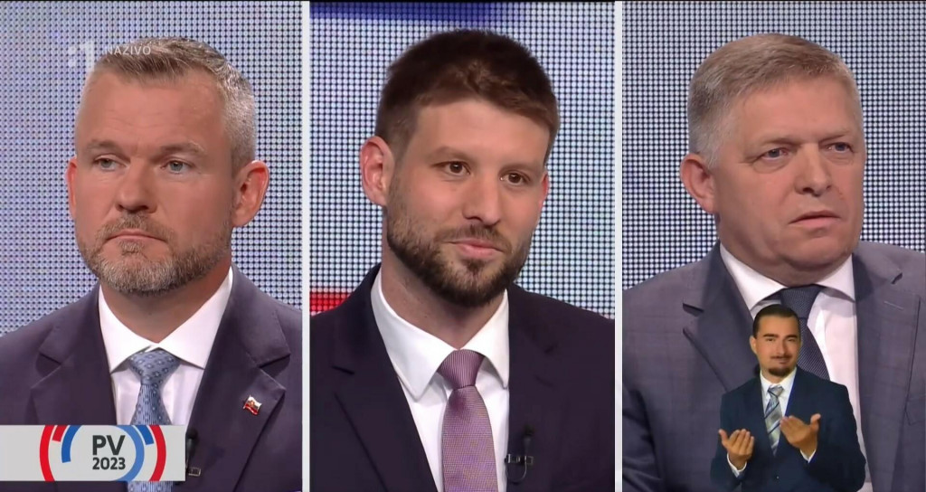 Posledná predvolebná debata prebehla na RTVS. Na snímke zľava Peter Pellegrini, Michal Šimečka a Robert Fico. FOTO: RTVS