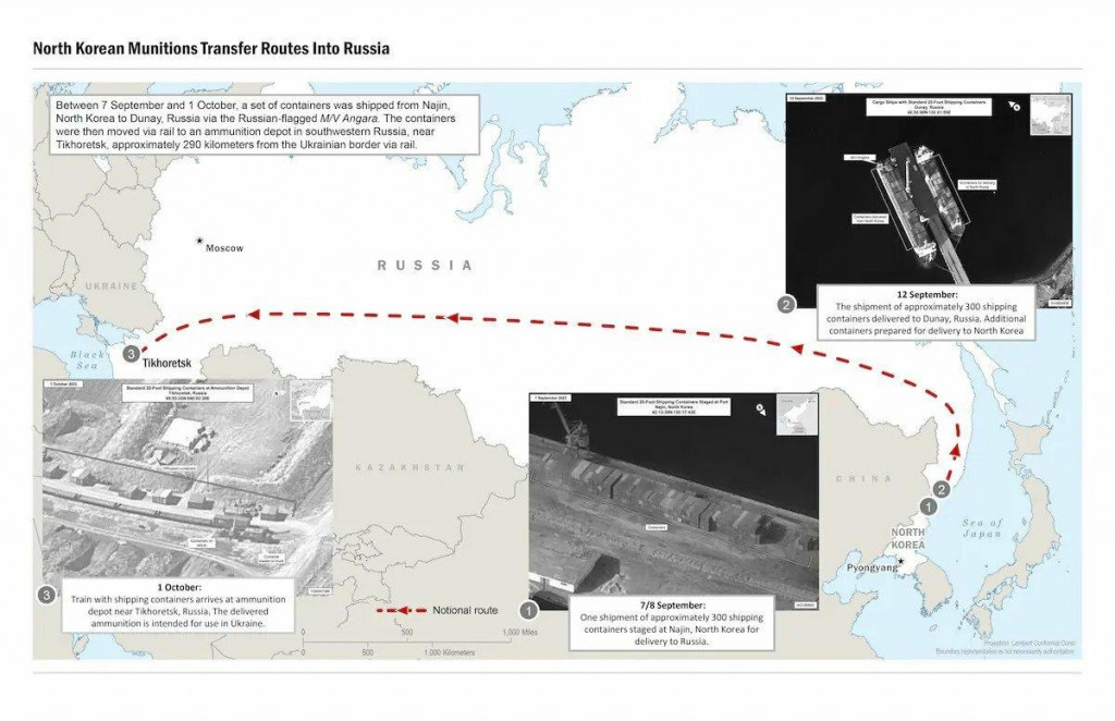 Grafika, ktorú poskytol Biely dom, ukazuje údajné cesty severokórejskej munície do Ruska.