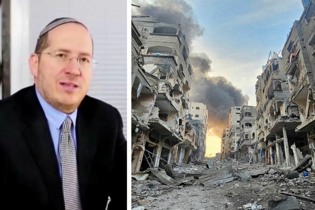 Izraelský politik Amir Weitmann a vybombardované budovy v Gaze. SNÍMKY: Roprofoto/Linkedin, Reuters; Koláž: HN
