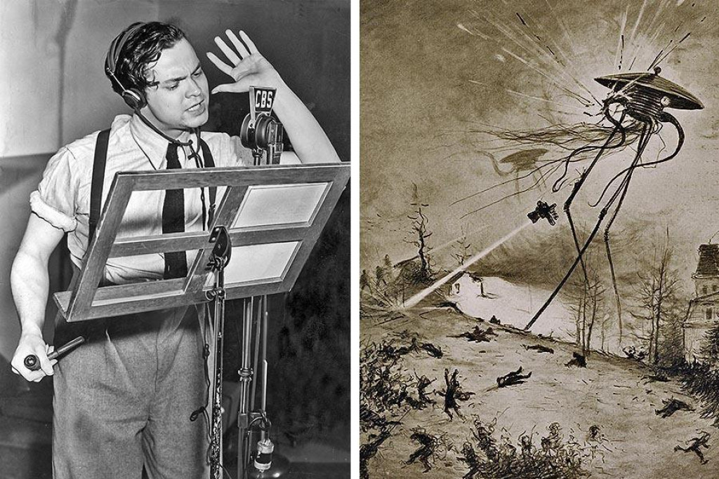 Orson Welles počas vysielania rozhlasovej dramatizácie diela Vojna svetov v októbri 1938. Na obrázku vpravo je útok mimozemšťanov, ako si ho predstavoval Henrique Alvim Corrêa, ktorý ilustroval jedno z prvých vydaní románu H. G. Wellsa.
