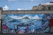 Ľudia kráčajú okolo veľryby, ktorú nakreslil umelec Marcus Cuffi v Roseau v karibskom ostrove Dominika. FOTO: TASR/AP