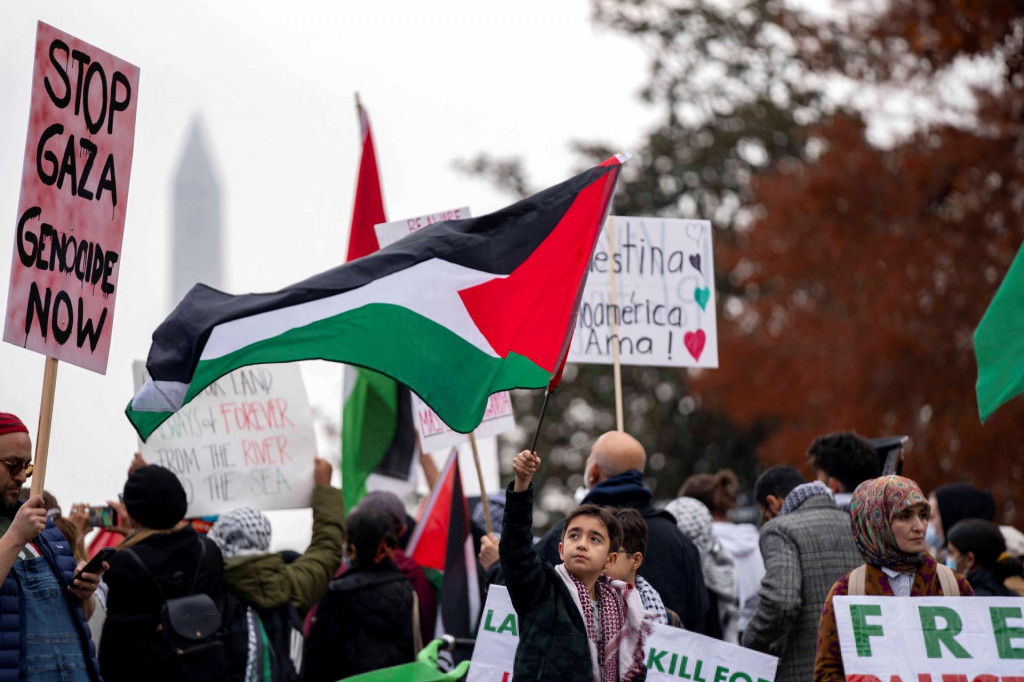 Chlapec máva palestínskou vlajkou počas propalestínskej demonštrácie. FOTO: Reuters