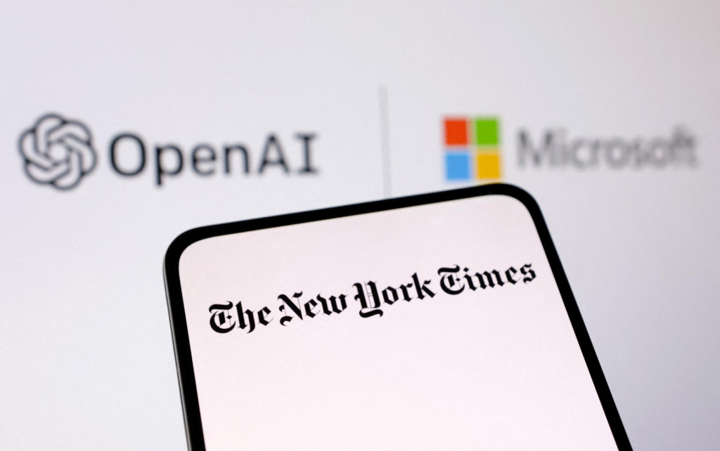Logá spoločností OpenAI, Microsoft a denníka The New York Times. FOTO: Reuters