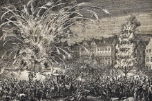 Dobová ilustrácia zachytávajúca ohňostroj v Bruseli na počesť príchodu cisára Leopolda I. do mesta a zároveň na oslavu jeho víťazstva nad osmanskými vojskami pri Budíne v roku 1686.