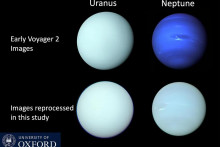 Snímka Uránu z roku 1986 a snímka Neptúna z roku 1989 zverejnenú krátko po každom prelete sondy Voyager 2 v porovnaní s opätovne spracovanými snímkami. FOTO: Oxfordská univerzita
