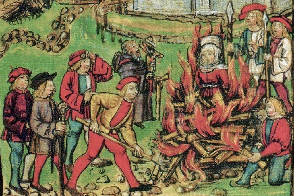 Scéna popravy Anny Vögtlinovej z Bischoffingenu, ktorú v roku 1447 upálili za hradbami švajčiarskeho mesta Willisau ako čarodejnicu, lebo vraj ukradla posvätené hostie. (Ilustrácia je z kroniky Schillinga z Luzernu z roku 1513)
