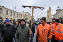 Hubert Aiwanger, námestník predsedu vlády a bavorský krajinský minister hospodárstva, regionálneho rozvoja a energetiky, drží pri demonštrácii poľnohospodárov drevené hrable. FOTO: Reuters