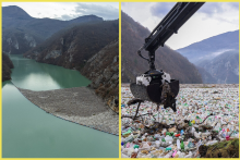 Plávajúci ostrov odpadkov na bosnianskej rieke.