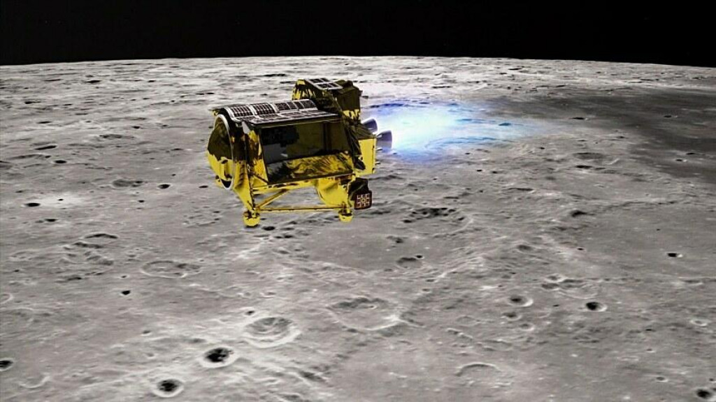 Ilustrácia japonského modulu SLIM nad povrchom Mesiaca