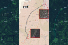 Satelitný záber zachytáva železničnú súpravu, ktorú na koľajnice v Donbase umiestnila ruská armáda. KOLÁŽ: DeepStateUA