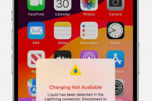 Nabíjanie je nedostupné: Toto upozornenie sa zobrazí, keď iPhone s konektorom Lightning pripojíte k nabíjačke a zistí sa tekutina. FOTO: Apple