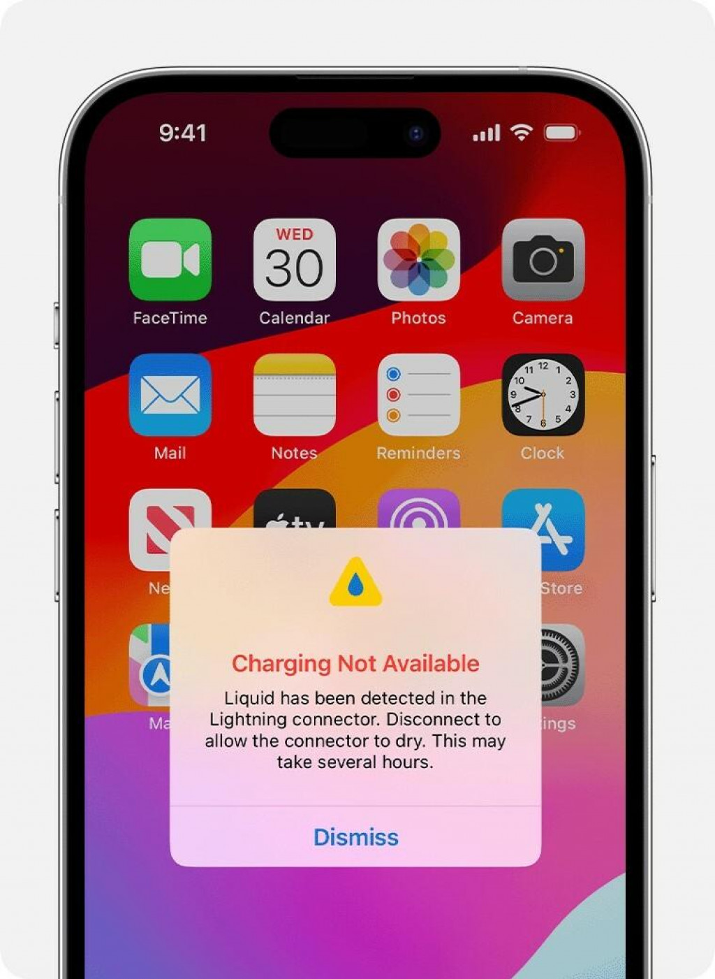 Nabíjanie je nedostupné: Toto upozornenie sa zobrazí, keď iPhone s konektorom Lightning pripojíte k nabíjačke a zistí sa tekutina. FOTO: Apple