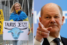 Demonštrantka žiada nemeckého kancelára Olafa Scholza o dodanie striel Taurus pre Ukrajinu. FOTO: Reuters/koláž HN