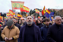 Líder španielskej strany Vox Santiago Abascal sa zúčastnil protestu konzervatívnych a krajne pravicových strán a organizácií občianskej spoločnosti proti premiérovi Pedrovi Sánchezovi na námestí Cibeles v Madride. FOTO: Reuters