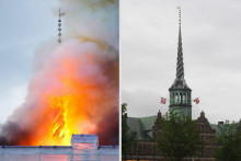 Historickú burzu cenných papierov Børsen v Kodani zachvátil požiar, v dôsledku čoho sa zrútila. FOTO: Koláž Reuters/Profimedia