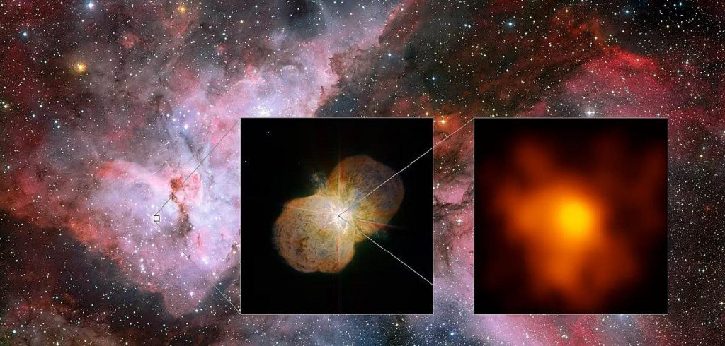 Hmlovina Carina (hlavná časť snímky), ktorá je domovom hviezdneho systému éta Carinae. Prvý detail ukazuje hmlovinu Homunkulus, ktorá je bezprostredným okolím hviezdneho systému a vznikla vyvrhnutím materiálu zo systému éta Carinae. Posledná časť ukazuje snímku éta Carinae s doposiaľ najvyšším rozlíšením.