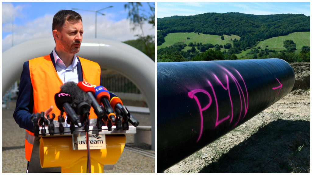 Premiér Eduard Heger otváral v roku 2022 plynovod medzi Slovenskom a Poľskom. FOTO: TASR, koláž HN