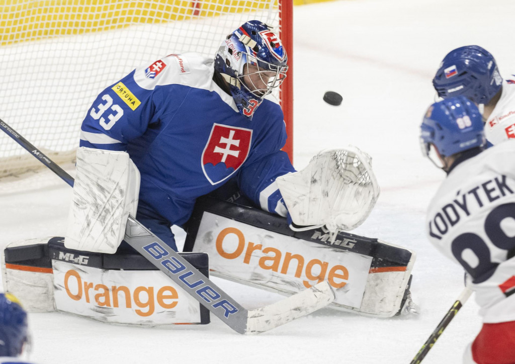 Na snímke zľava Stanislav Škorvánek, Daniel Gachulinec (obaja Slovensko) a Petr Kodýtek (Česko) v prípravnom hokejovom zápase pred blížiacimi sa MS v ľadovom hokeji Praha - Ostrava medzi výbermi Slovenska a Česka 27. apríla 2024 v Bratislave. FOTO TASR - Martin Baumnn