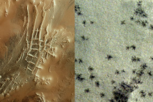 Detaily z dvoch snímok z marsovskej družice Mars Expres, ktorý Európska vesmírna agentúra nazvala „stopy „pavúkov“ v marsovskom meste Inkov. FOTO: Esa/tgo/cassis