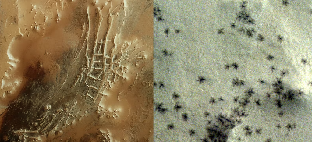 Detaily z dvoch snímok z marsovskej družice Mars Expres, ktorý Európska vesmírna agentúra nazvala „stopy „pavúkov“ v marsovskom meste Inkov. FOTO: Esa/tgo/cassis