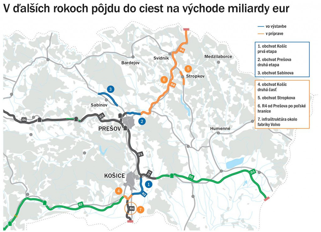 Mapa nových investícií do ciest na východe Slovenska FOTO: Hn/Vladimír Filipko