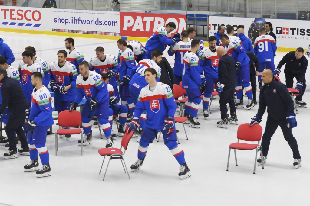 Hráči slovenskej reprezentácie odchádzajú z fotografovania skupinovej fotografie. FOTO: TASR/Michal Runák