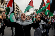 Palestínčania a propalestínski priaznivci pochodujú počas protestu za solidaritu s Palestínou. FOTO: Reuters