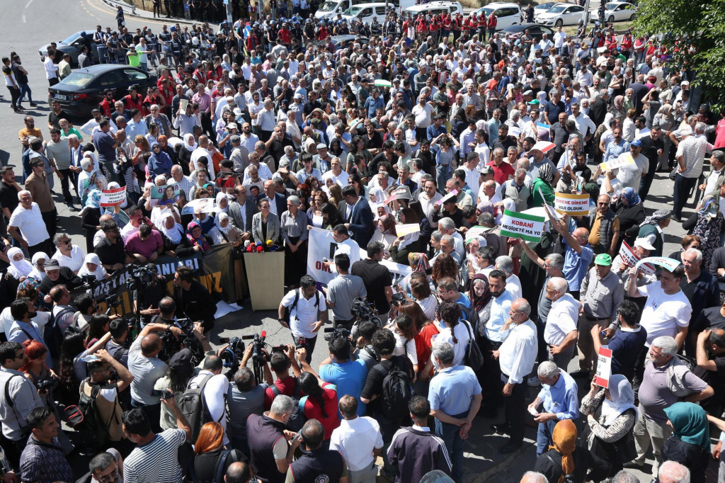 Spolupredseda prokurdskej strany DEM Tulay Hatimogullari vyst&uacute;pil počas protestu. FOTO: Reuters