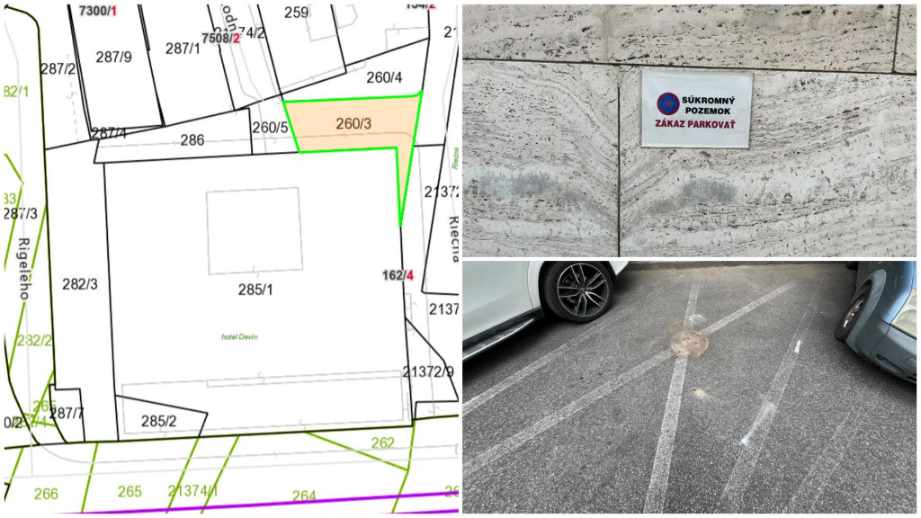 Spor o parkovisko Hotel Dev&iacute;n v Bratislave. FOTO: HN, Kataster